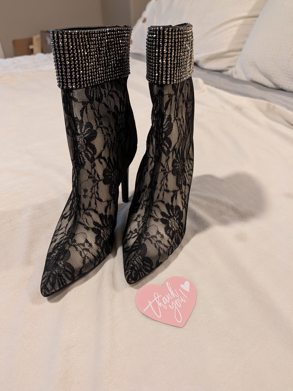 Black Lace Pointed-Toe Stiletto Ankle Boots with Embellished Cuff